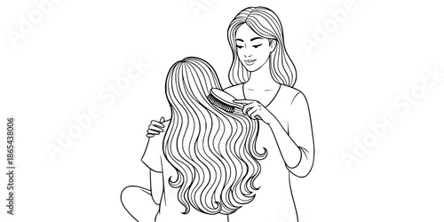 Mother brushing daughter long hair gentle care moment vector illustration black and white
