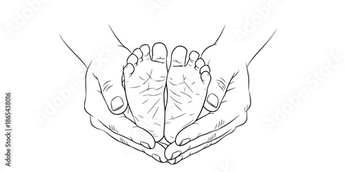 Mother hands holding newborn baby feet close up vector illustration black and white