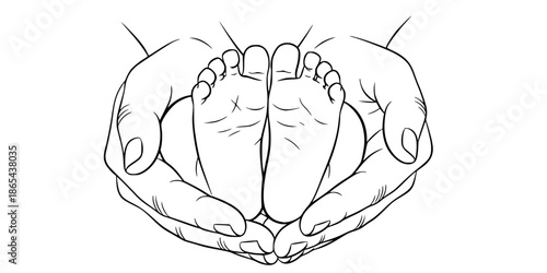Mother hands holding newborn baby feet close up vector illustration black and white
