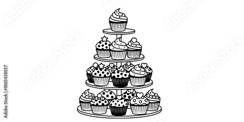 Tiered cupcake stand with sweet desserts for party vector illustration black and white