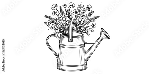 Vintage watering can filled with wildflower bouquet garden vector illustration black and white