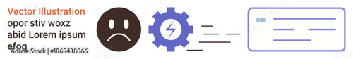 Workflow automation, productivity, data transfer, efficiency solutions, system optimization, business tools. Sad face, gear with lightning bolt speeding document. Workflow automation