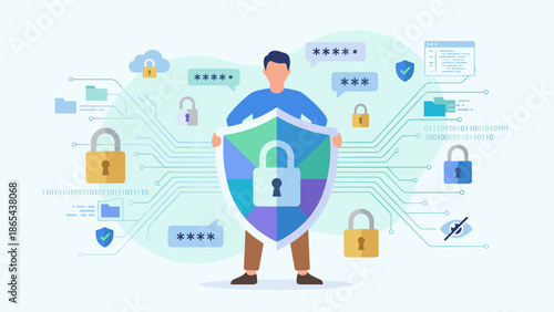 Cybersecurity protection concept. Man with shield. Digital data privacy. Network firewall defense. Secure internet access. Antivirus guard. Web protection. Information security.