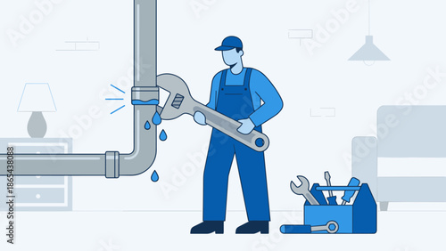 Professional plumber fixing leaking pipe with wrench. Home maintenance repair concept. Handyman solving water leak. Plumbing service tools. Blue uniform. Flat vector illustration
