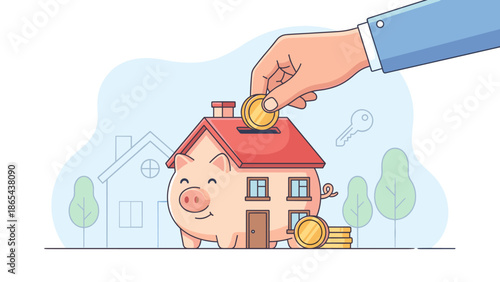 Hand putting gold coin into piggy bank shaped like house. Saving money for new home concept. Real estate investment and mortgage finance. Buying property budget. Banking loan deposit.