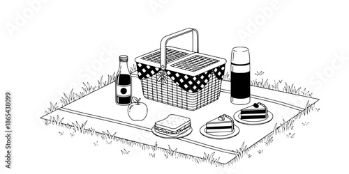 Picnic basket and blanket on grass outdoor leisure vector illustration black and white