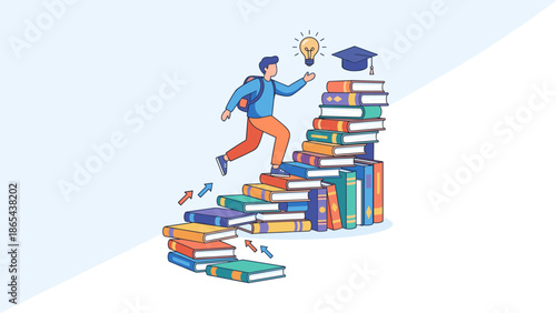 Person walking up staircase made of books. Educational progress concept. Student climbing steps to success. Learning achievement. Career growth. University goal. Wisdom ladder.