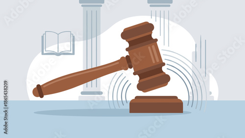 Judge gavel hitting sound block. Law and justice concept. Legal verdict and judgment. Courtroom hammer. Auction bid. Authority decision. Flat vector illustration. Wooden mallet.