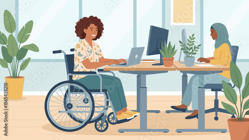 Inclusive office. Disabled woman in wheelchair working at desk with muslim colleague. Diversity accessibility concept. Handicapped employee using laptop. Flat vector illustration.