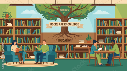 Library interior with bookshelves full of books. Education and wisdom background. University school archive. Knowledge concept. People reading. Student learning. Flat vector illustration.