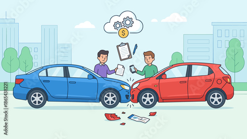 Two cars in minor accident collision. Auto insurance claim concept. Drivers exchanging documents. Vehicle damage repair cost. Flat vector illustration. Traffic incident. Danger.