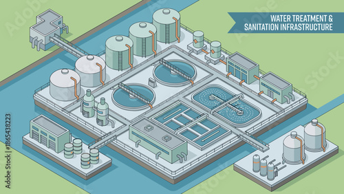 Isometric water treatment plant infrastructure. Industrial sanitation purification concept. Sewage recycling facility. Clean water engineering technology. Modern eco factory design.