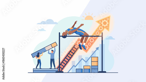High jump athlete. Raising the bar concept. Business improvement. Overcoming obstacles. Goal achievement metaphor. Corporate performance boost. Success challenge vector.