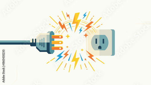 Electric plug connecting to wall socket. Energy sparks. Power connection concept. Flat vector illustration. Electricity voltage. Technology circuit background. Wire cable adapter.