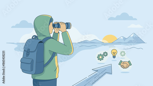 Business vision. Person with binoculars searching for opportunities. Future strategy concept. Man with backpack looking at horizon. Career path arrow. Idea gears handshake. Planning.