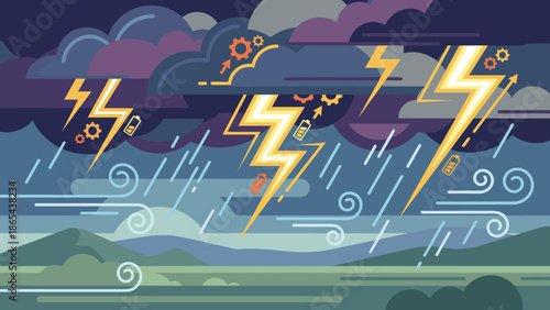 Stylized thunderstorm background. Lightning bolts charging batteries. Energy concept. Flat vector illustration of dark sky with gears. Electric flash. Wind swirls. Power generation.