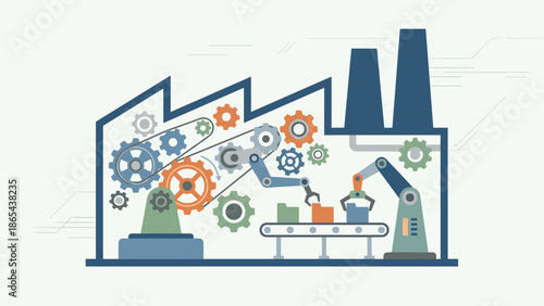Industrial automation factory silhouette. Stylized gear system inside manufacturing plant. Production machinery. Engineering mechanics. Smart industry technology. Flat vector design.