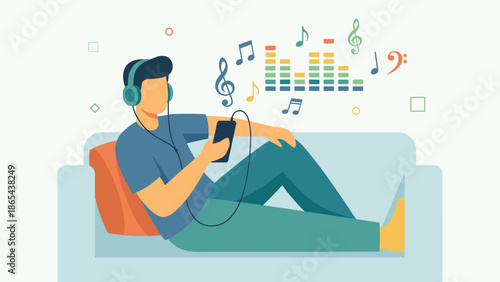 Music streaming entertainment. Man relaxing on sofa listening to audio with headphones. Guy enjoying playlist at home. Chill leisure time. Sound melody notes. Flat vector illustration.