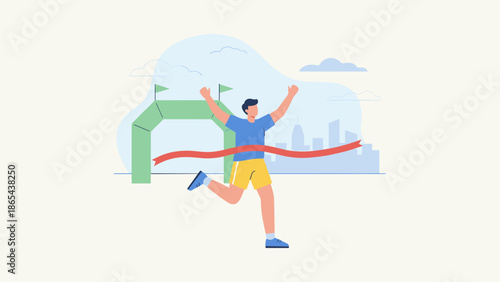 Runner crossing finish line ribbon. Reaching goal concept. Flat vector illustration. Sports success. Winning race. Victory celebration. Man breaking red tape. Business success.