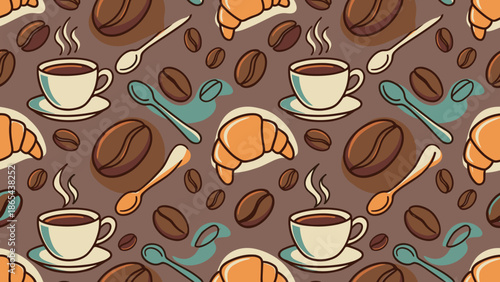 Seamless coffee pattern background. Stylized cafe theme. Hot cup of espresso and fresh croissant. Breakfast menu wallpaper. Flat vector illustration. Roasted beans. Cafe shop art.