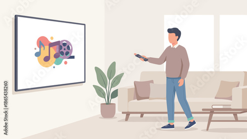 Person holding remote control pointing at smart TV screen with multimedia icons. Man watching television at home living room. Entertainment leisure concept. Flat vector illustration