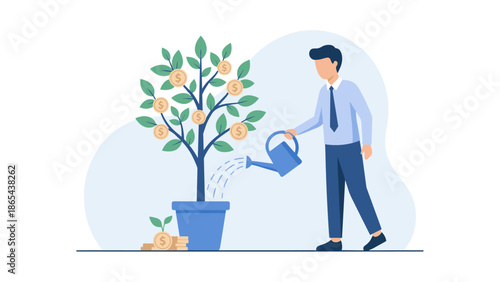 Businessman watering money tree plant. Financial growth investment concept. Nurturing wealth success. Profit increase strategy. Business development. Economy. Flat vector illustration
