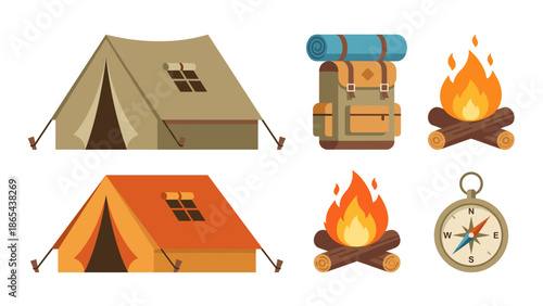 Camping gear collection flat vector icons. Outdoor adventure equipment. Tent hiking backpack campfire compass. Summer camp essentials. Nature travel survival kit. Isolated illustration.