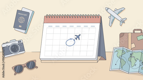 Travel planning concept. Vacation preparation with calendar, passport, map, camera. Holiday booking schedule. Tourism journey organization. Summer trip. Flat vector illustration.