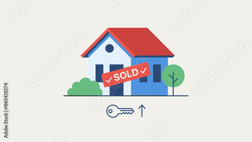 Real estate success concept. Stylized house with sold sign. Property market sale. New home purchase. Flat vector illustration. Residential building. Buying selling. Housing deal.