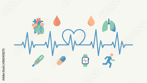 Medical health concept. Stylized heart rate monitor line. Vital signs flat vector illustration. Cardiology heartbeat pulse. Healthcare icons with lungs, pill, blood and thermometer.
