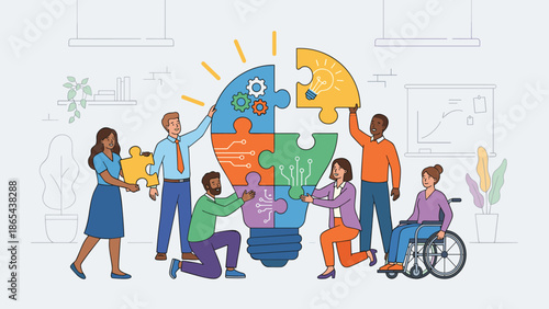 Diverse business team assembling lightbulb puzzle. Corporate collaboration innovation. Inclusive group with wheelchair building idea. Partnership solution strategy teamwork creativity