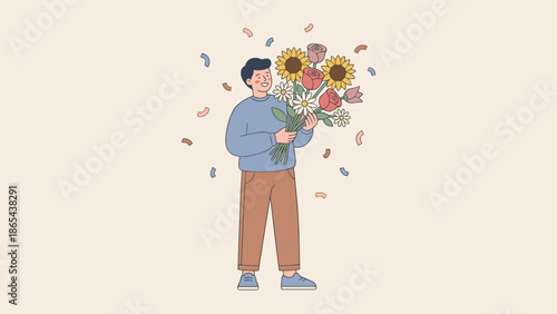 Happy person holding bouquet of flowers. Celebration and gratitude concept. Flat vector illustration. Character giving floral gift. Thank you. Romance. Holiday present. Birthday.