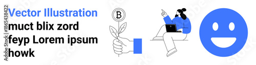 Cryptocurrency, sustainability, remote work, technology, digital communication, innovation. A hand holding a sprouting plant with a Bitcoin symbol, remote worker on laptop. Cryptocurrency