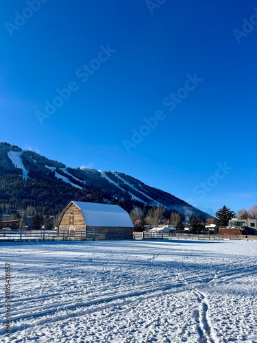 Snowy Historic Barn in Jackson Hole on a blue bird, winter day with mountain in background