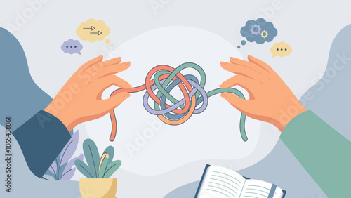 Hands untying tangled knot. Problem solving concept. Psychology therapy metaphor. Mental health support. Unraveling chaos. Finding solution. Business strategy. Logical thinking. Vector.