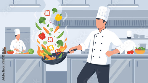 Professional chef tossing fresh vegetables in wok pan with fire. Cooking gastronomy concept in commercial kitchen. Culinary food preparation by male worker. Flat vector illustration.