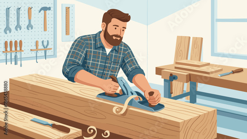 Skilled carpenter smoothing wood beam with manual hand plane. Woodworker artisan shaving lumber at workbench. Craftsmanship joinery concept. Flat vector illustration design style.