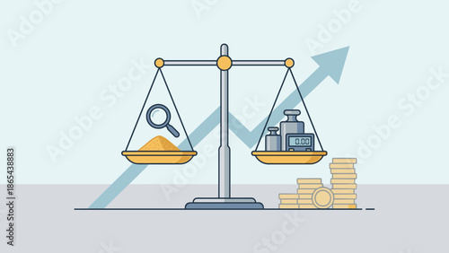 Gold dust valuation concept. Scale weighing precious metal with magnifying glass. Financial investment growth assessment. Wealth measurement. Flat vector illustration business.