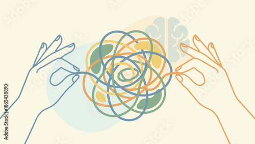 Hands untangling complex knot. Mental health therapy concept. Psychology problem solving. Psychotherapy treatment for anxiety stress confusion. Unraveling chaos. Brain logic.