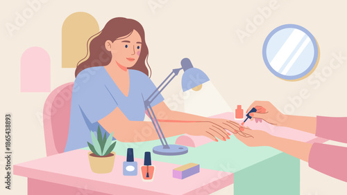 Woman getting manicure at beauty salon. Professional nail technician applying polish to hands. Hand care spa procedure. Cosmetic treatment concept. Flat vector illustration design.
