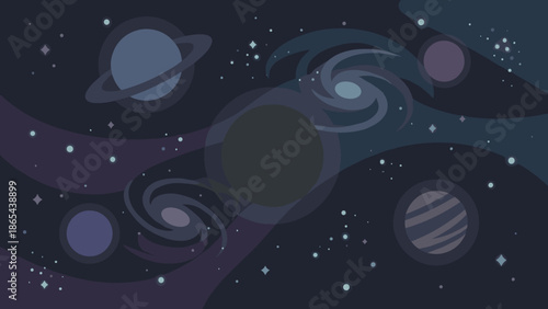 Deep space background with stylized planets and stars. Flat vector illustration of cosmos and astronomy. Abstract galaxy universe wallpaper. Solar system science concept design.