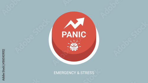 Large red panic button with brain icon. Emergency and stress concept. Mental health anxiety crisis. Psychology vector illustration. Business pressure. Emotional burnout. Danger symbol.