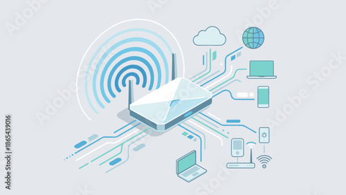 Wireless wifi router. Strong signal waves. Internet connectivity concept flat vector illustration. Network modem. Broadband access point. Digital technology. High speed hotspot.