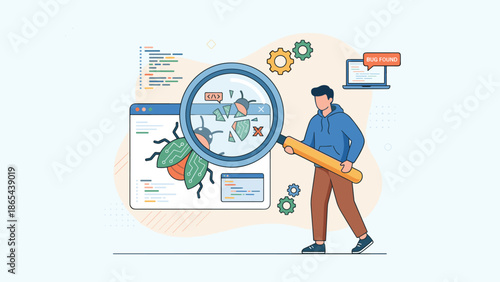 Software testing debugging concept. Programmer holding magnifying glass finding bug in code. QA quality assurance process. Developer inspecting error. Malware search. Flat vector graphic.