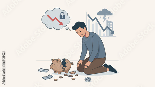Sad man with broken piggy bank. Financial crisis, bankruptcy. Loss of savings, investment failure. Economic recession. Debt, poverty. Inflation. Money crash. Business concept. Vector