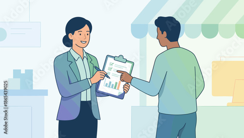 Market research survey concept. Person holding clipboard conducting interview. Customer feedback questionnaire. Business data analysis. Marketing strategy. Flat vector illustration.