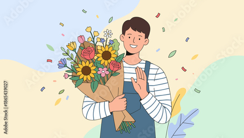 Happy male florist holding bouquet of flowers. Man in apron with floral gift. Celebration and gratitude concept. Flat vector illustration. Birthday present, holiday, thank you.
