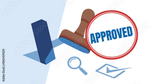 Approved rubber stamp mark. Quality control validation concept. Business agreement certification. Check mark verification. Flat vector design. Success guarantee. Confirmed symbol.
