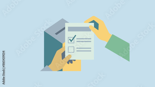 Hands holding voting ballot paper. Casting vote into box. Democratic election concept. Political choice freedom. Referendum decision. Polling station. Flat vector illustration