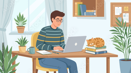 Home office workspace. Freelancer man working laptop. Cat sleeping on books. Remote work concept. Student studying online. Cozy room interior. Distance learning. Flat vector.
